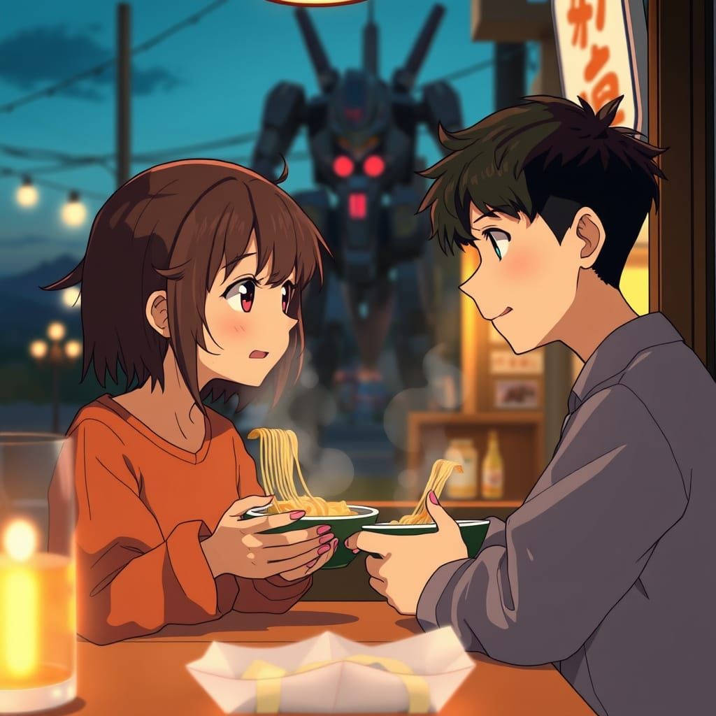 Anime Teens Share Ramen in Cozy Nighttime Scene with Quiet M...