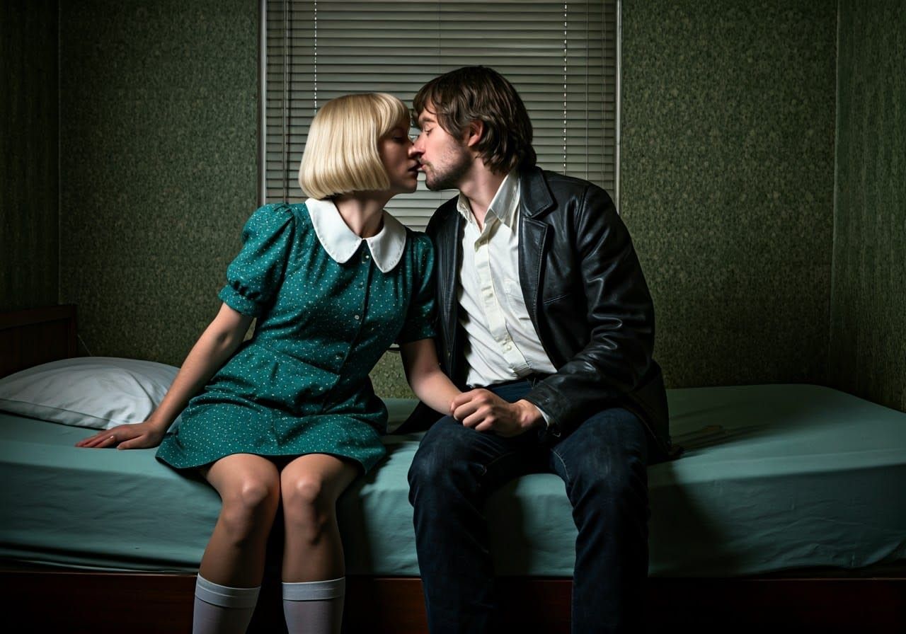 Couple in a 1970s Motel Room, Aged Film Grain