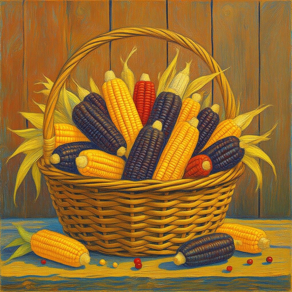 Rustic Harvest Basket Overflowing with Colorful Indian Corn