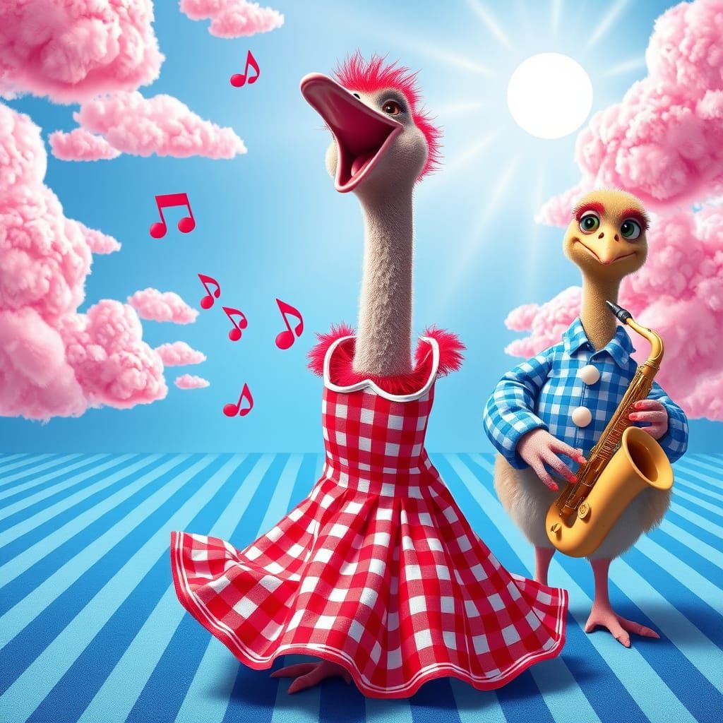Joyful Ostrich in Whimsical Gingham Wonderland