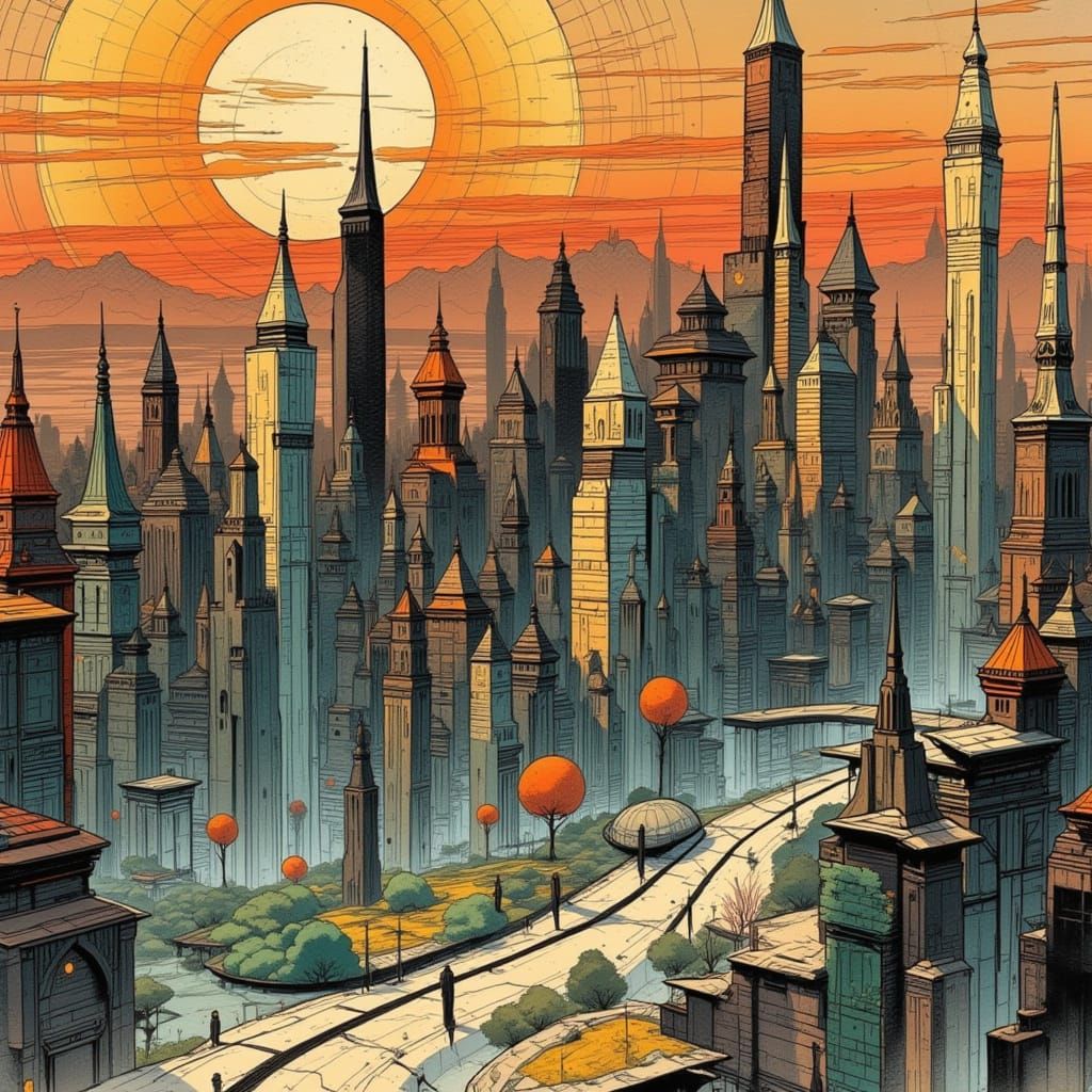 Retrofuturistic Mosaic Cityscape in Art Deco Style