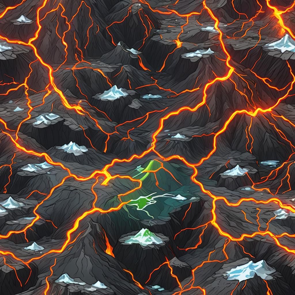 Fiery Laser Landscape with Volcanic Mountains