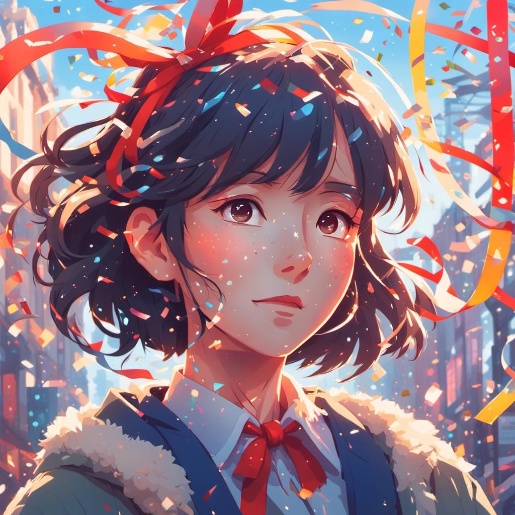 Festive Confetti Girl in Ghibli Anime Style