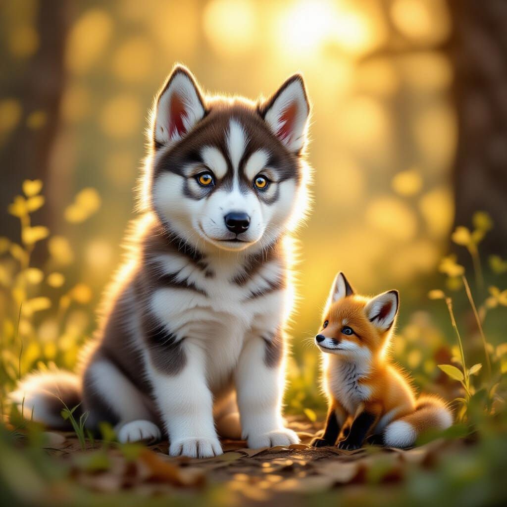 Adorable Husky Puppy and Fox in Golden Forest