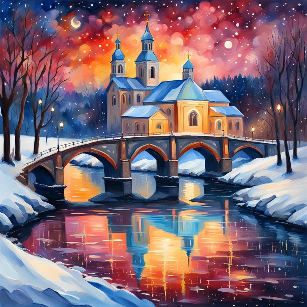 Starry Winter River and Church in Gouache Style