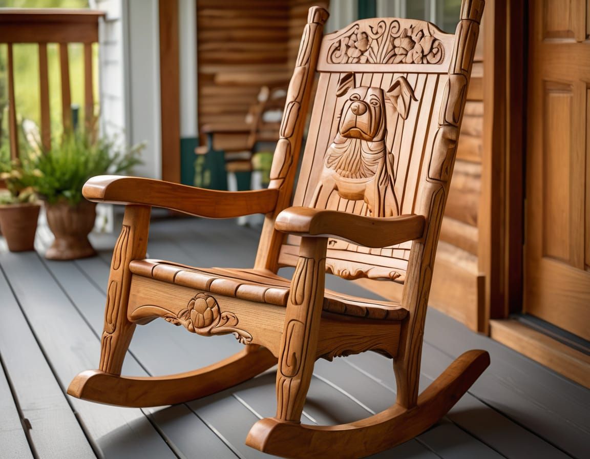 Dog-Themed Wooden Rocking Chair Still-Life Photograph