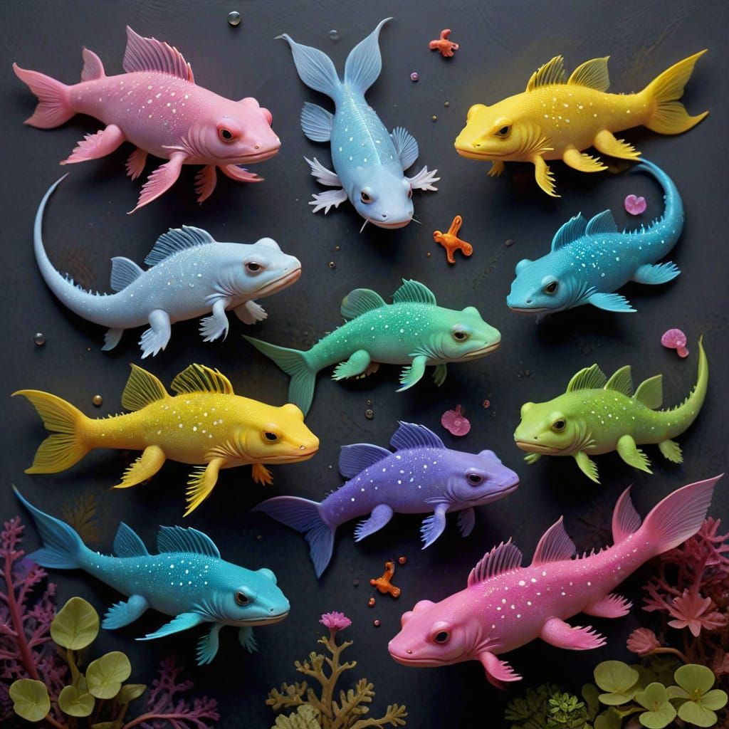 Axolotls in Vibrant, Whimsical Style