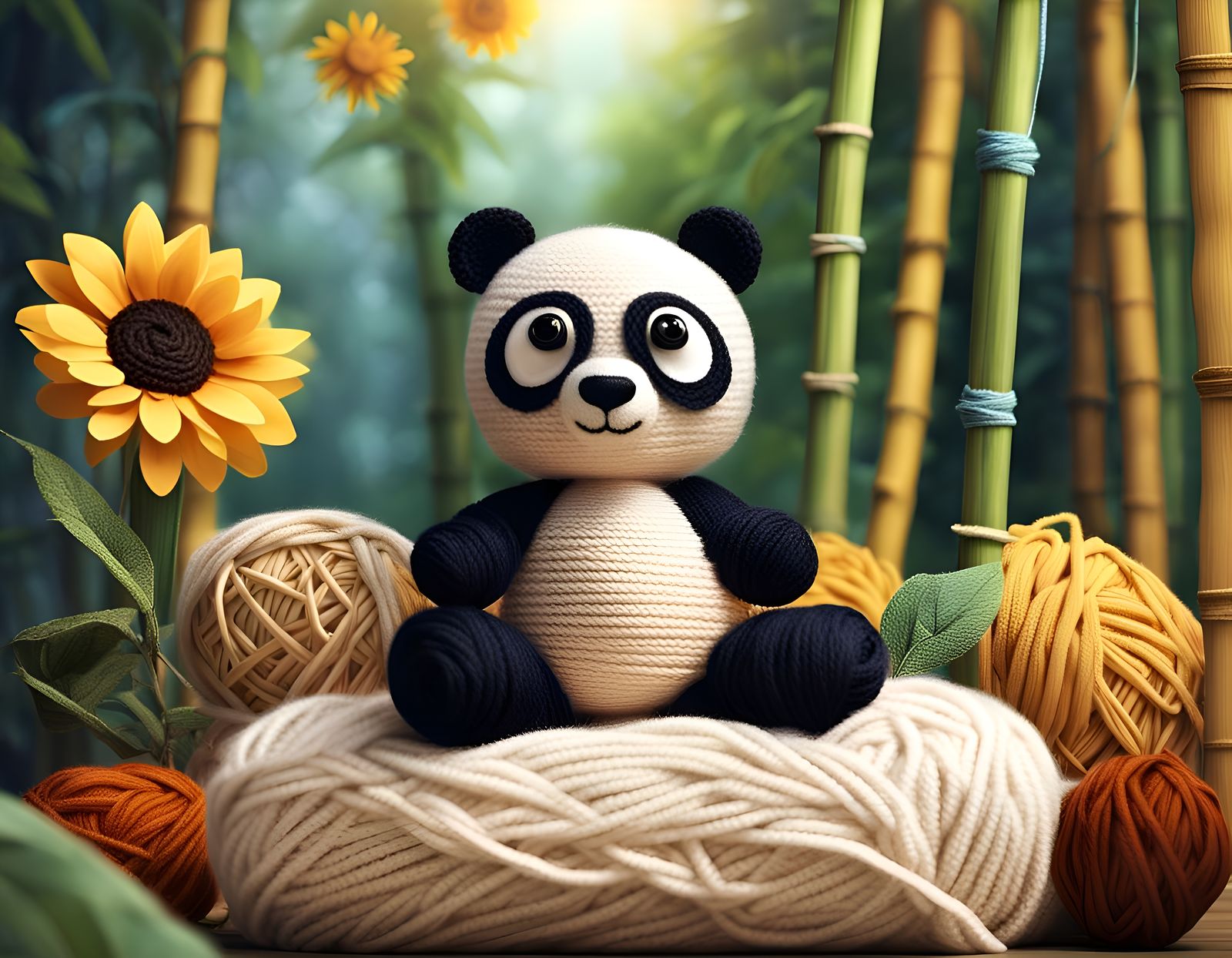 Knitted Panda in Yarn Jungle, Photorealistic