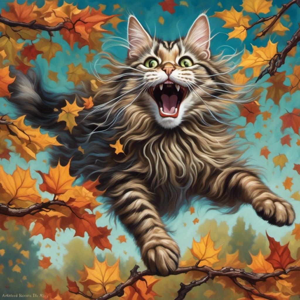 close-up portrait, a frightened long-haired tabby cat is cap...