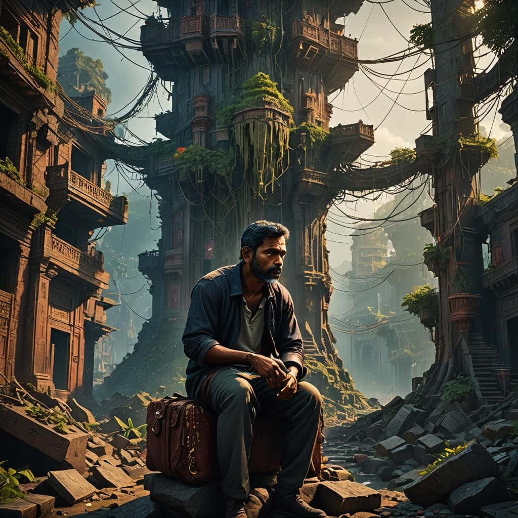 Lonely Father's Struggle: Detailed Matte Painting