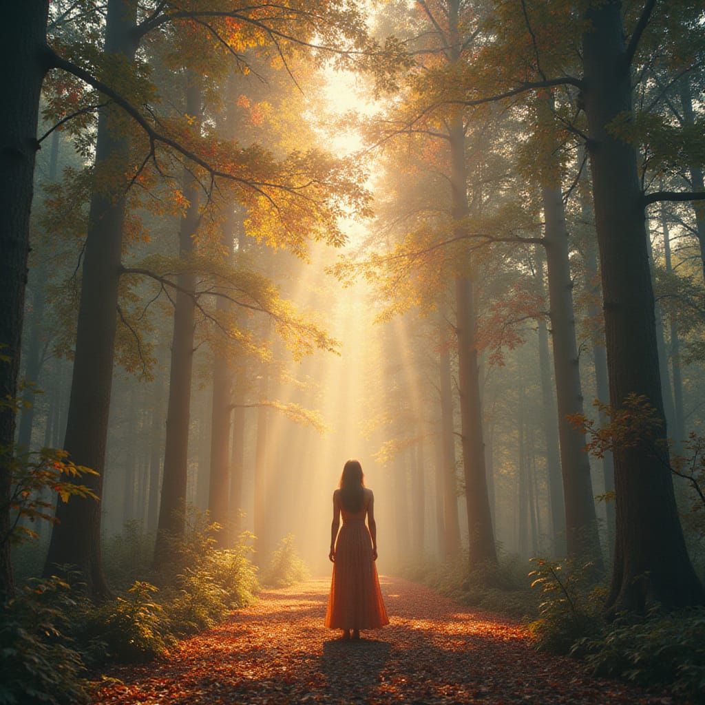 Ethereal Woman in Shimmering Forest, Digital Art