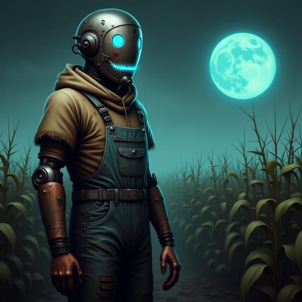 Cyborg Scarecrow in Moonlit Cornfield