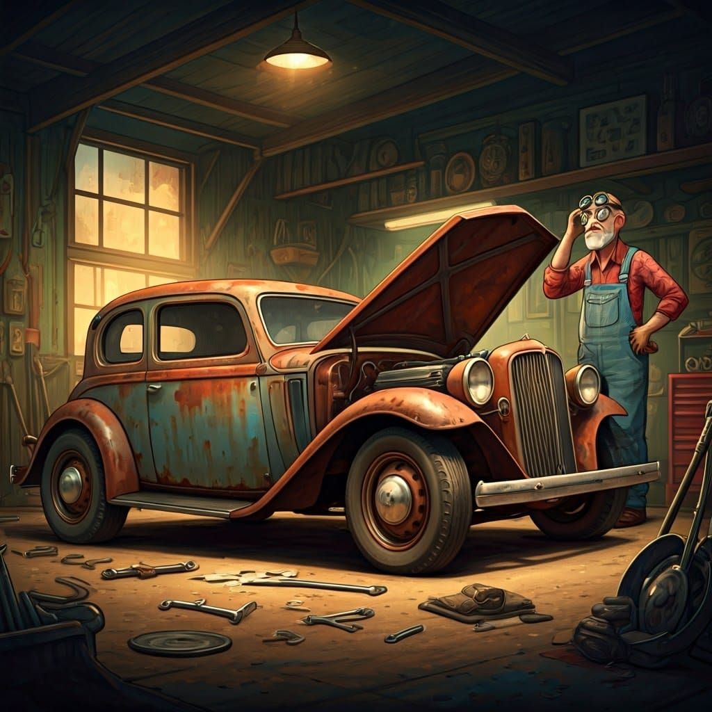 Vintage Car Repair in Whimsical Cartoon Style