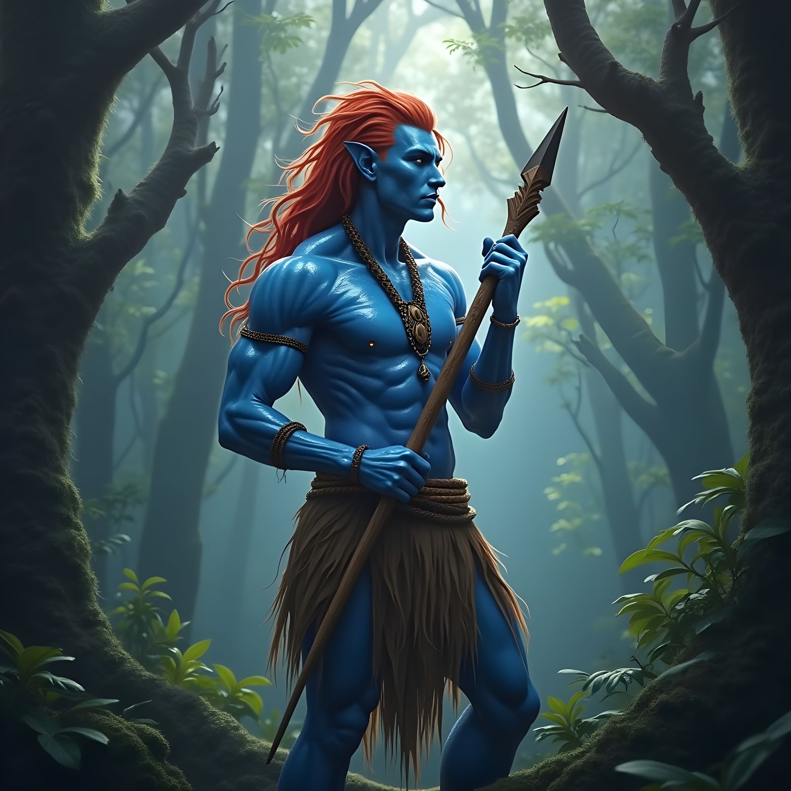 Magical Māori Patupaiarehe with Taiaha in Forest