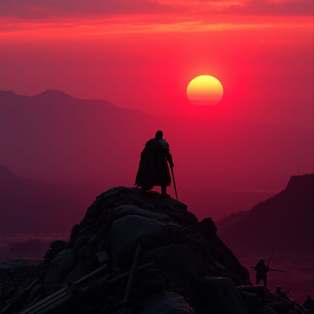 Armored Figure Silhouetted Against a Fiery Sunset