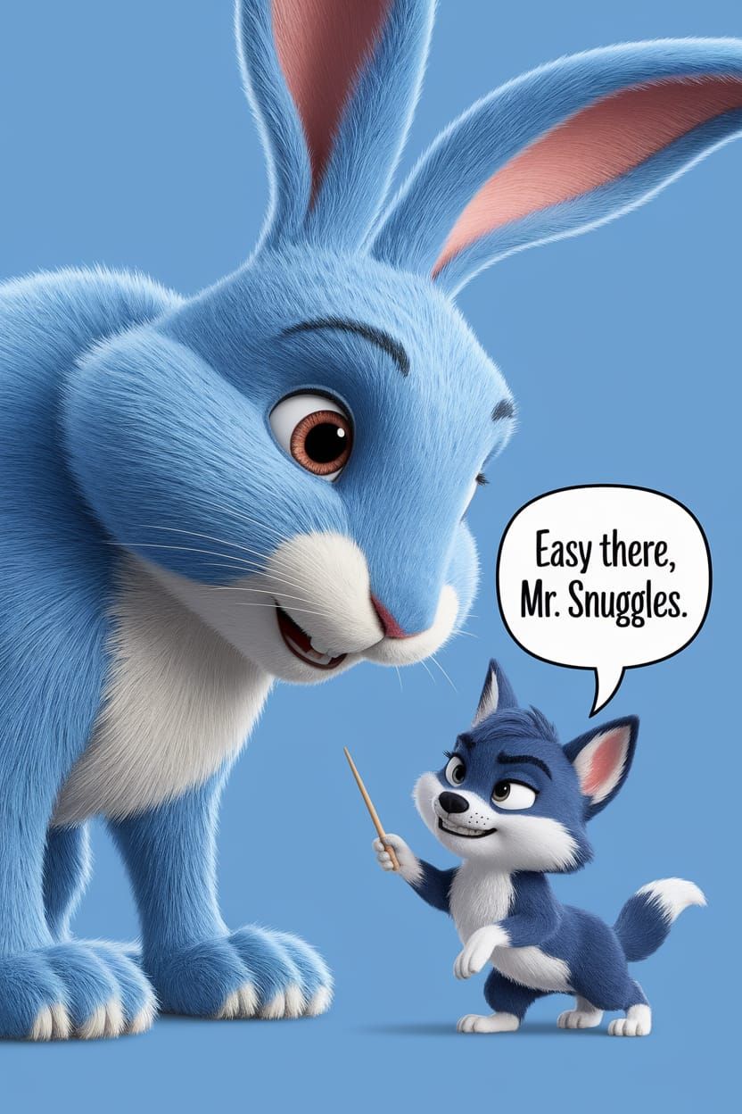 Whimsical Rabbit Meets Tiny Scowling Wolf Pup