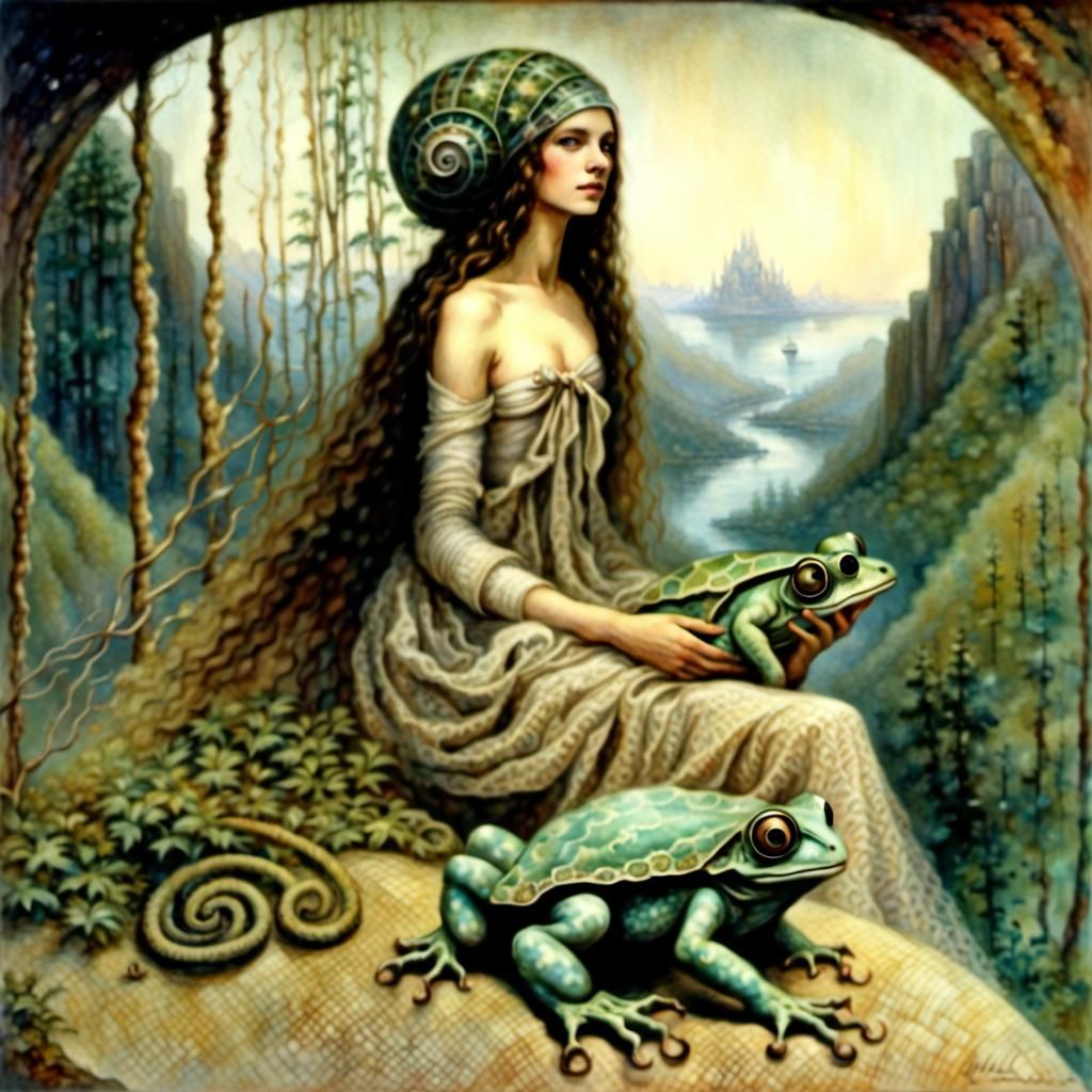Surreal Woman with Exotic Frog, Suminagashi Art