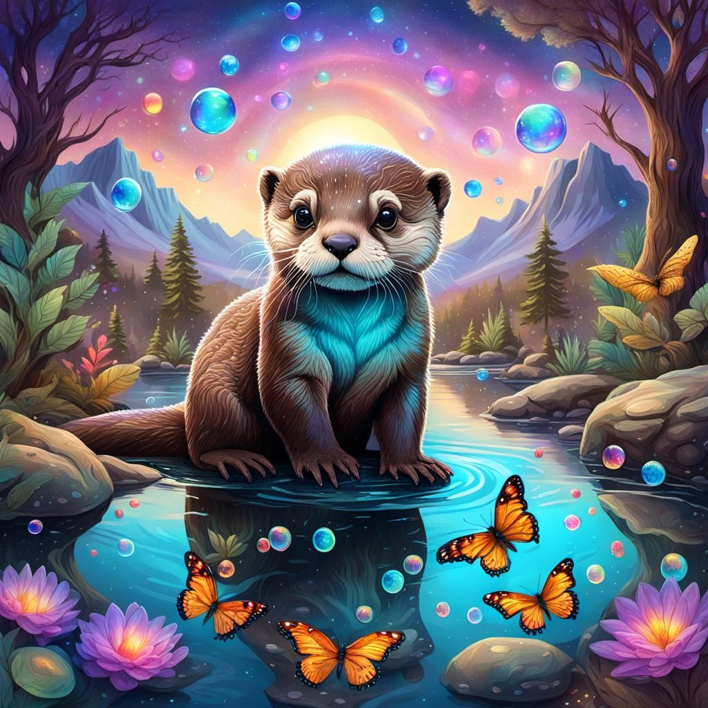 Baby Otter Plays in Creek: Astral Cosmic Illustration
