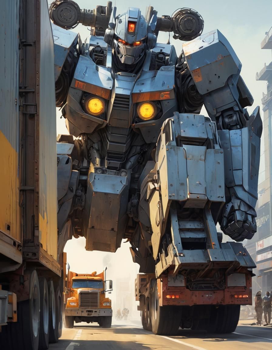 Giant Robot Crushing Truck, Comic Book Illustration