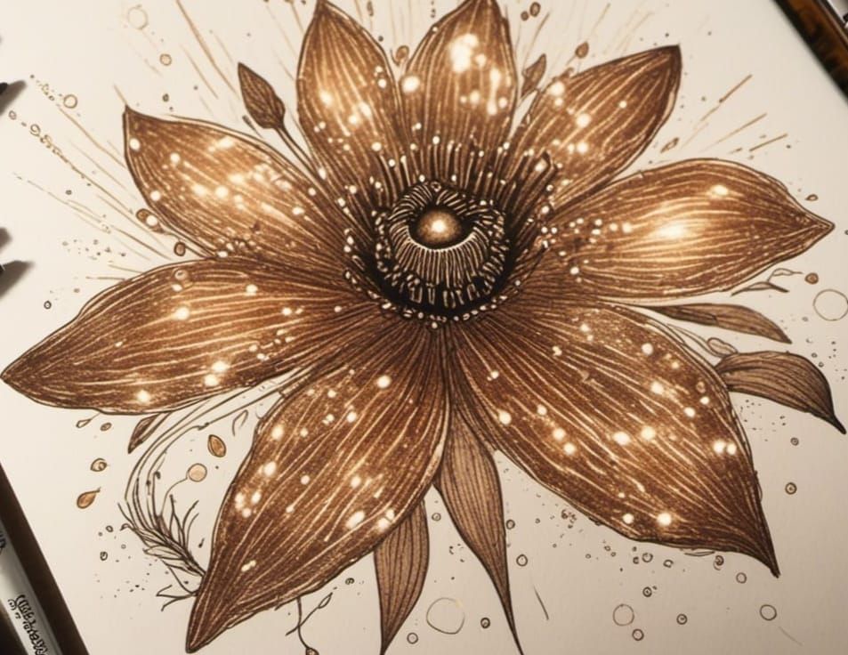 Magical Glittercore Flower in Botanical Ink Drawing