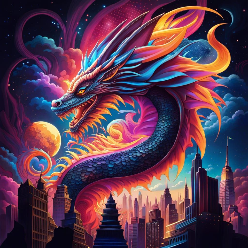 Dragon Climbs Empire State Building in 80s Street Art Style