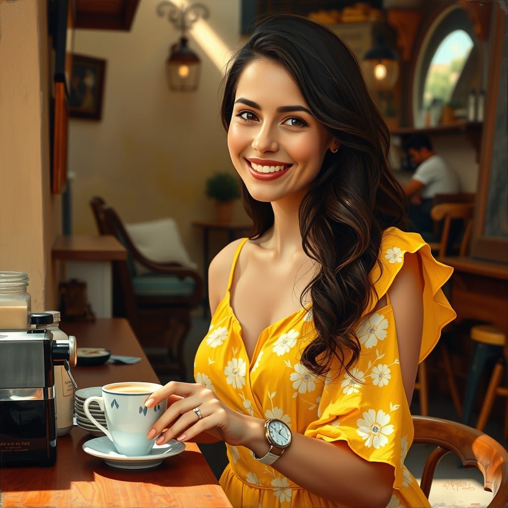 Young Woman Orders Espresso in a Quaint Italian Café