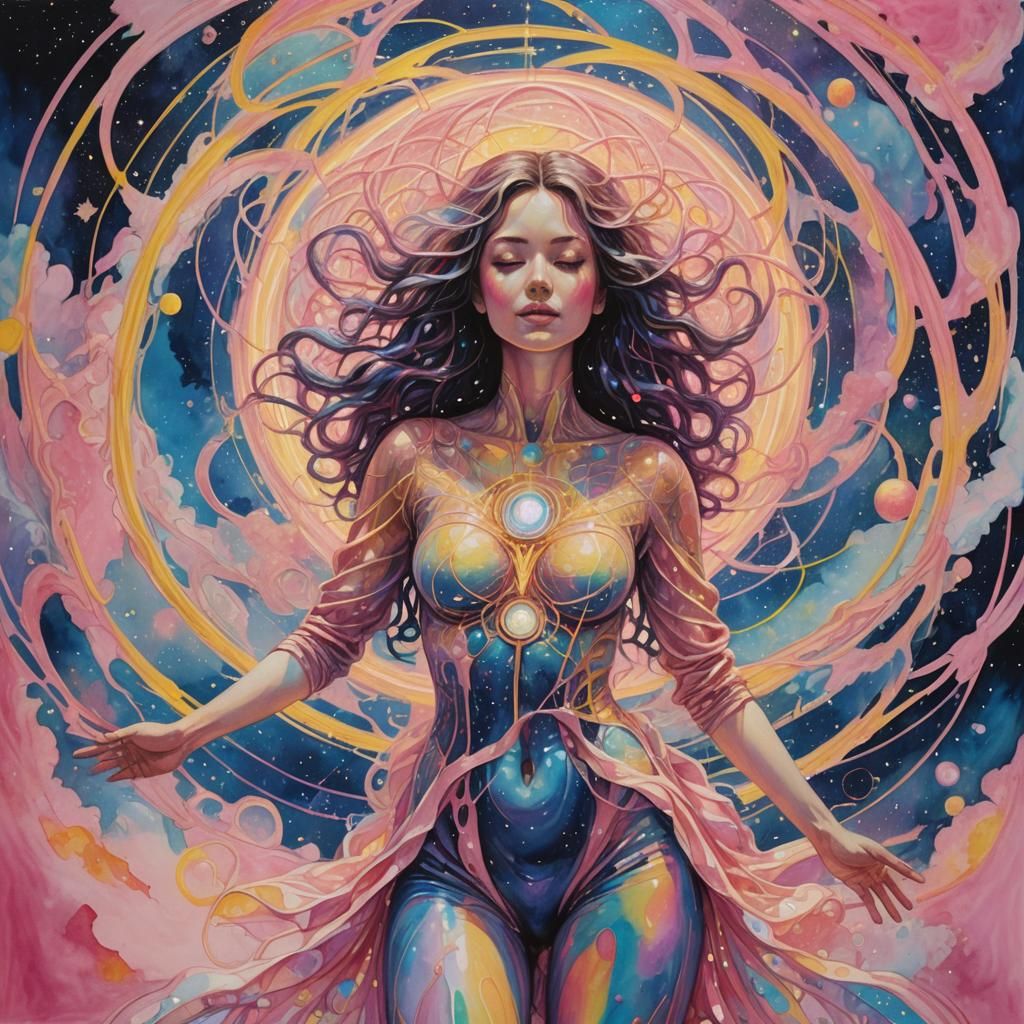 Iridescent Female Figure in Astral Vortex