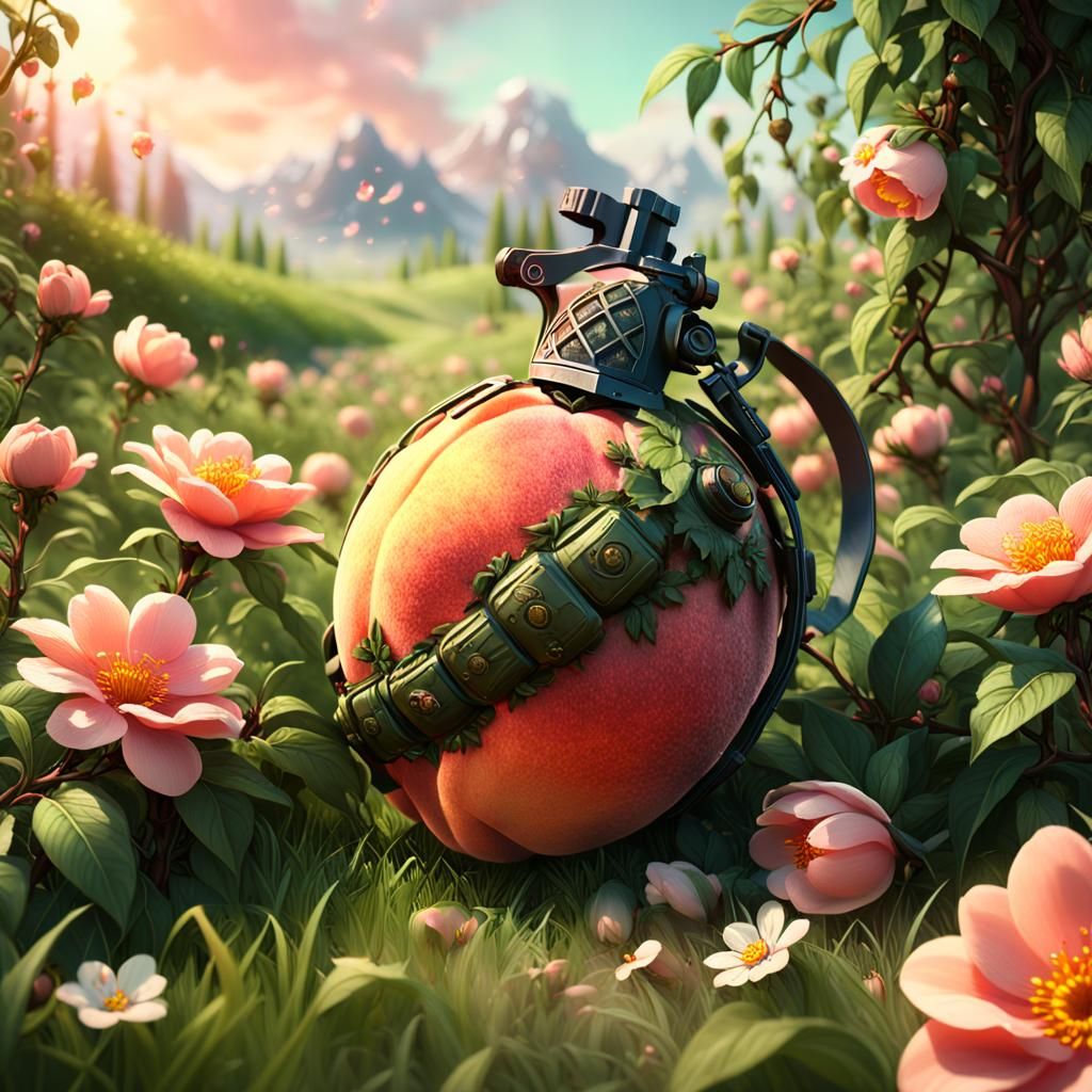 Peach Hand Grenade in Blooming Meadow: Fantasy Art