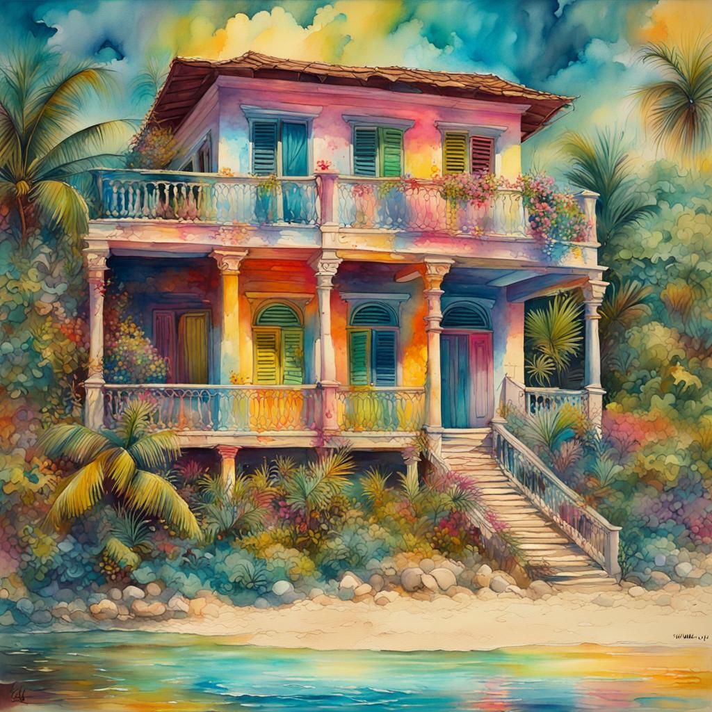 Caribbean Beach House in Fantasycore Watercolor Style