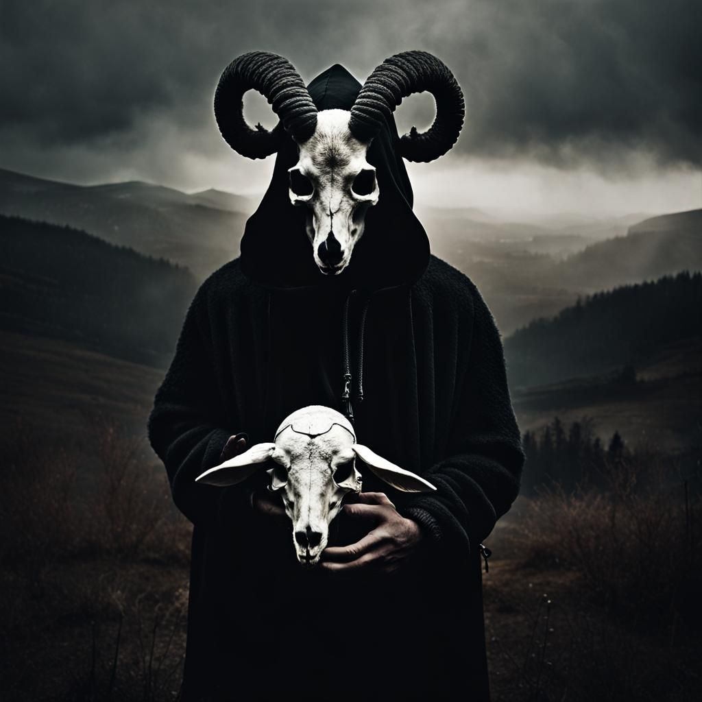 Surreal Lamb-Headed Figure in Dark Cinematic Style
