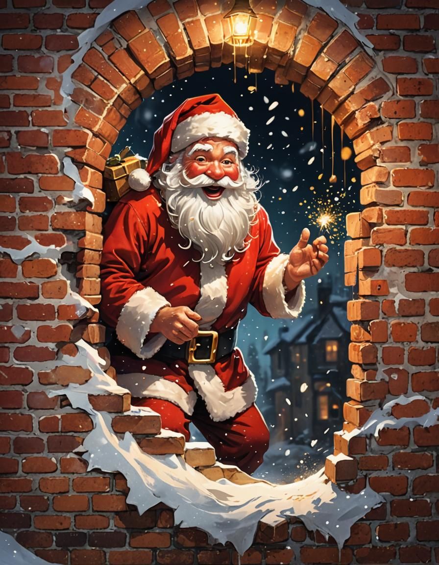 Jolly Santa Claus Breaks Through Wall: Digital Art