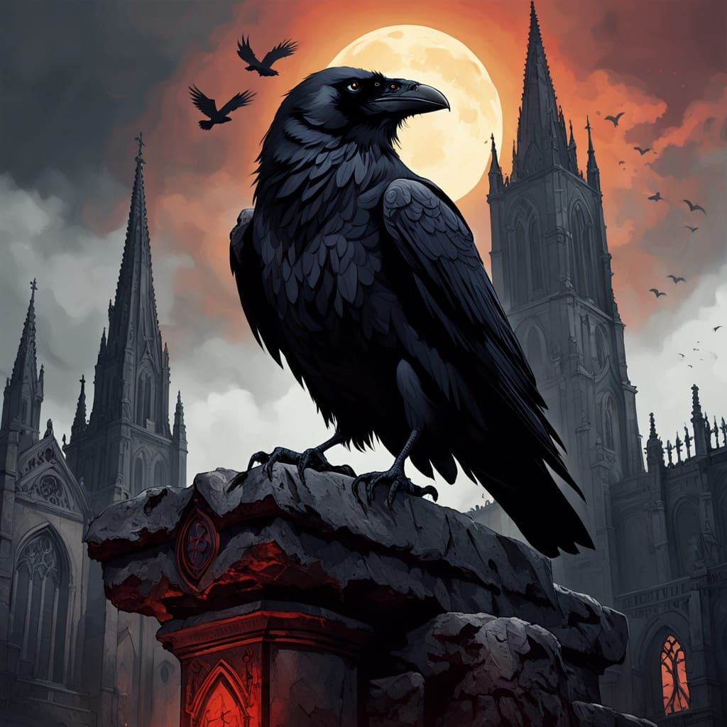 Gothic Cathedral Raven in Eerie, Mysterious Digital Art