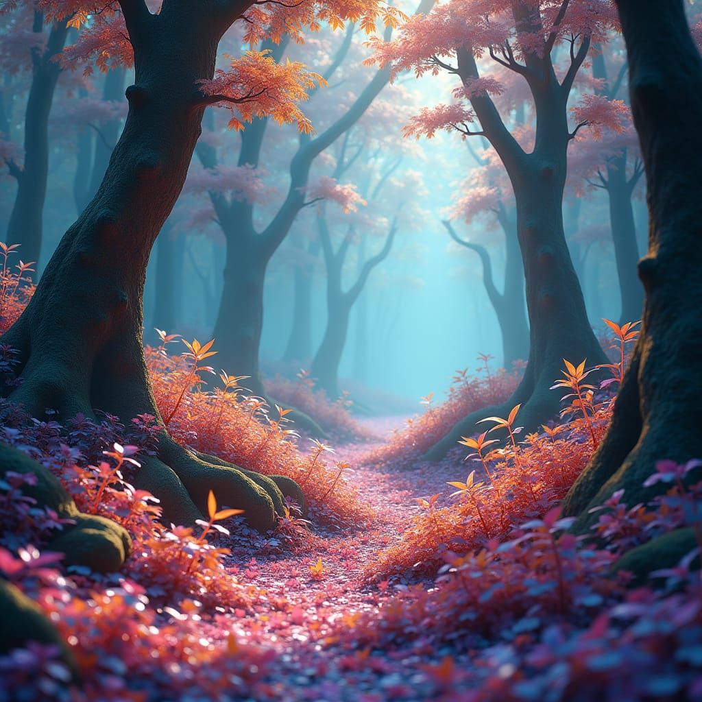 Ethereal Forest Floor with Iridescent Leaves