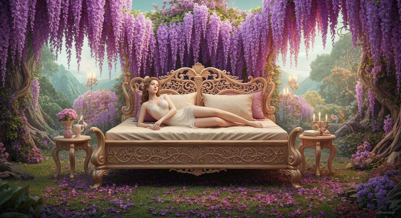 Celestial Woman on Wisteria Bed: A Surreal Portrait