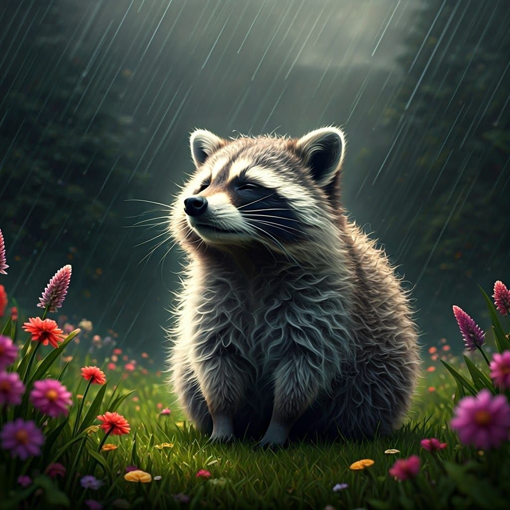 Whimsical Raccoon in Rainy Grassland