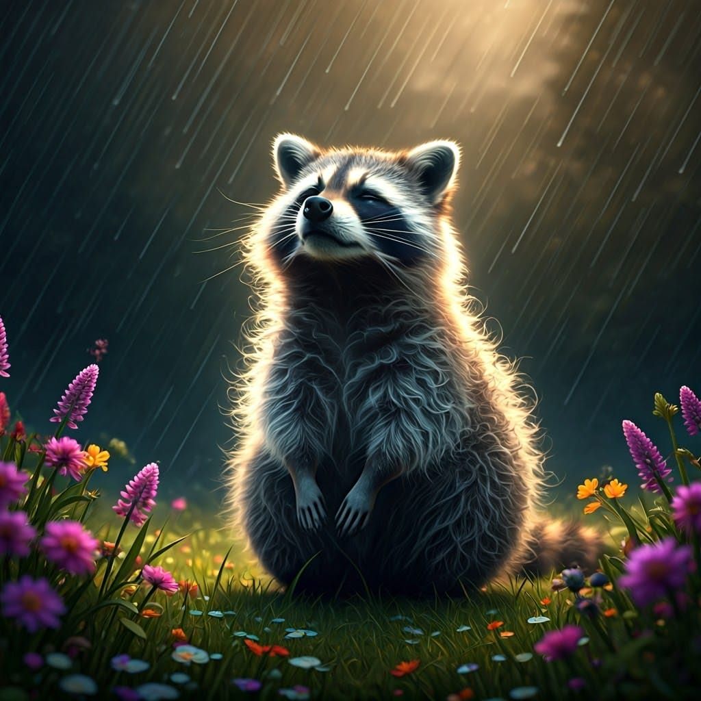 Surreal Raccoon in Tranquil Rainy Landscape with Vibrant Wil...