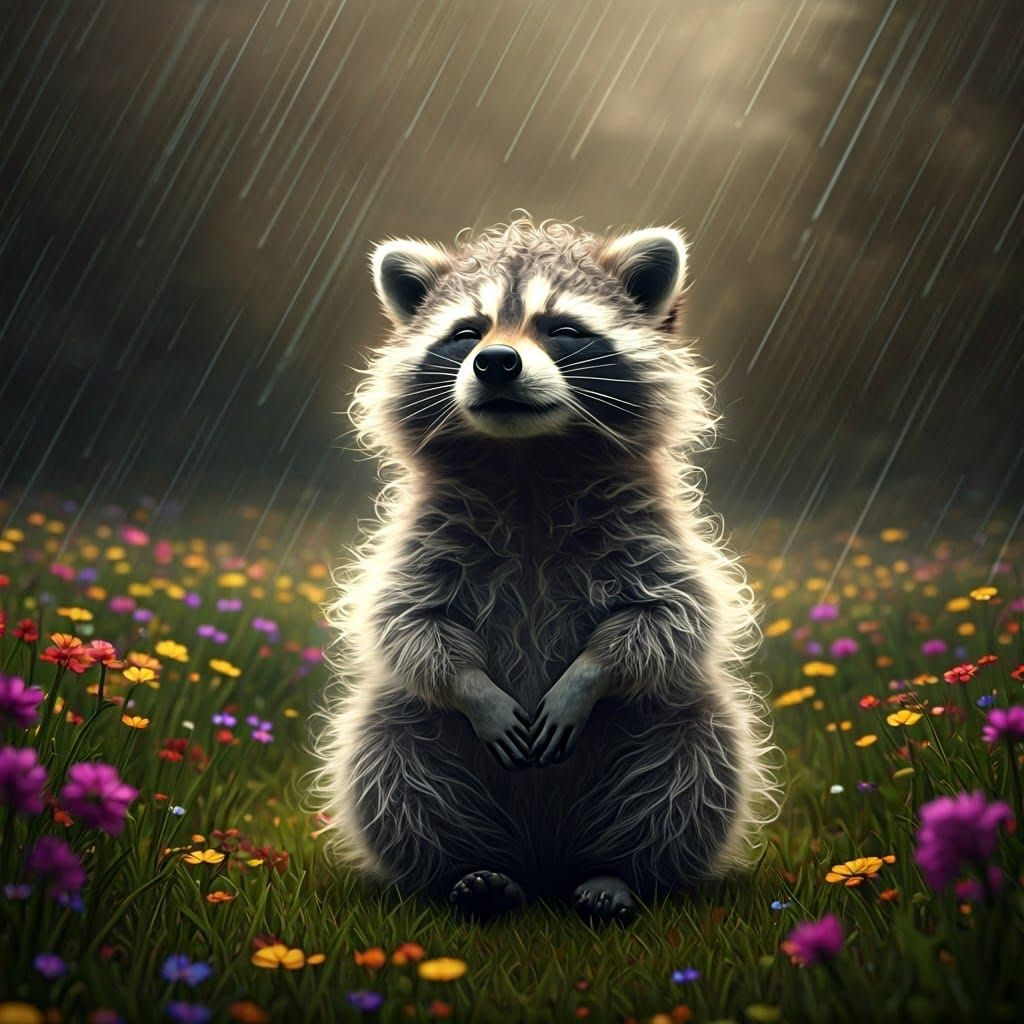 Serene Raccoon Portrait in Vibrant Grass Field