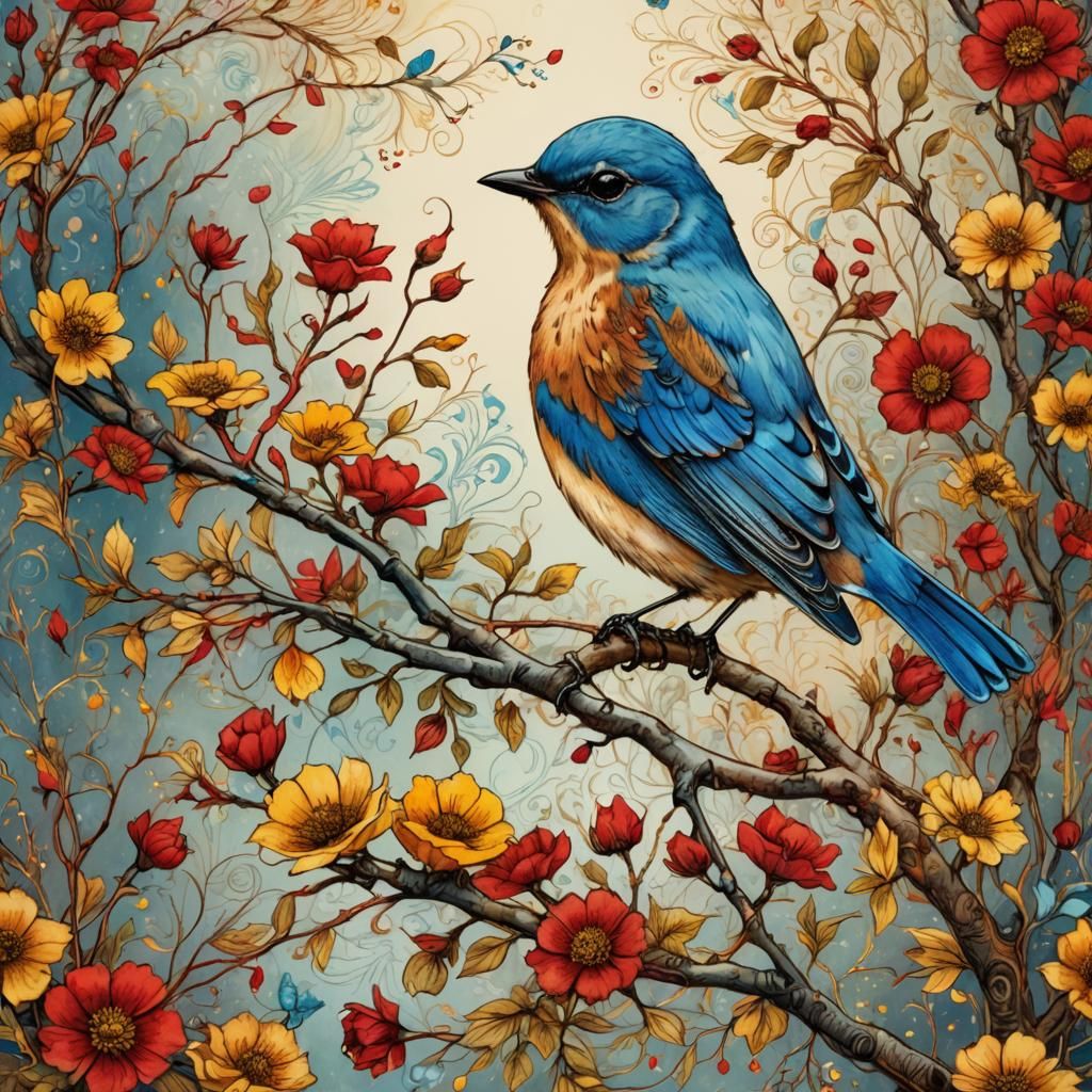 Bluebird with Flowers in Folk Art Style