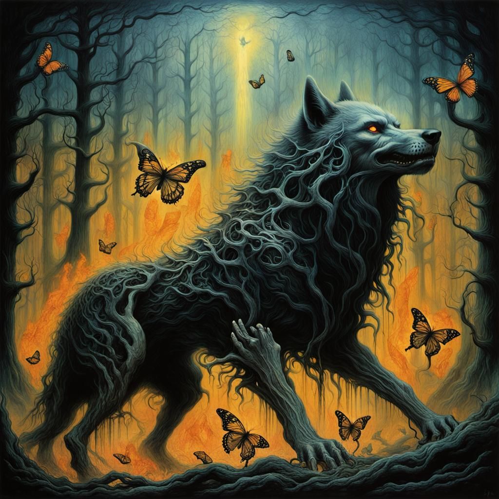 Mystical Demon Wolf in Charcoal Surrealism