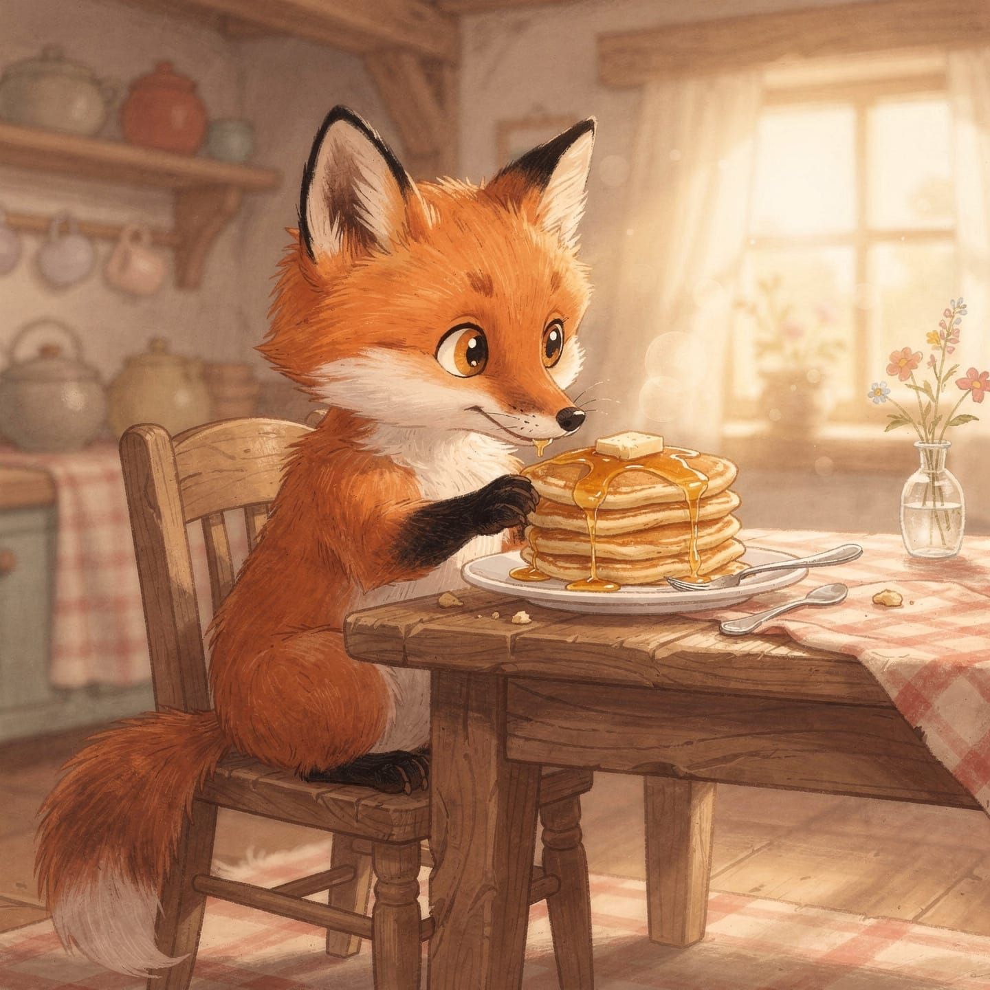 Adorable Fox Cub Enjoys Pancakes at Rustic Breakfast