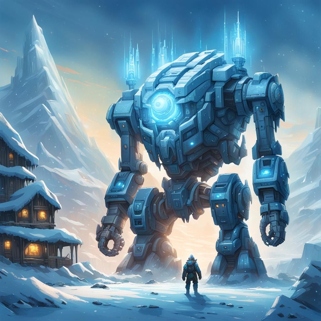 Colossal Cybernetic Mecha in Frozen Landscape, Digital Art