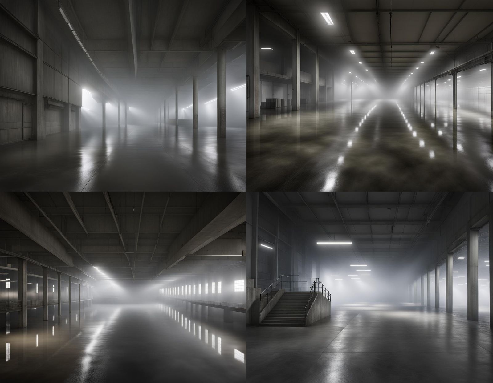 Eerie Warehouse Interior with Fog and Dim Lighting