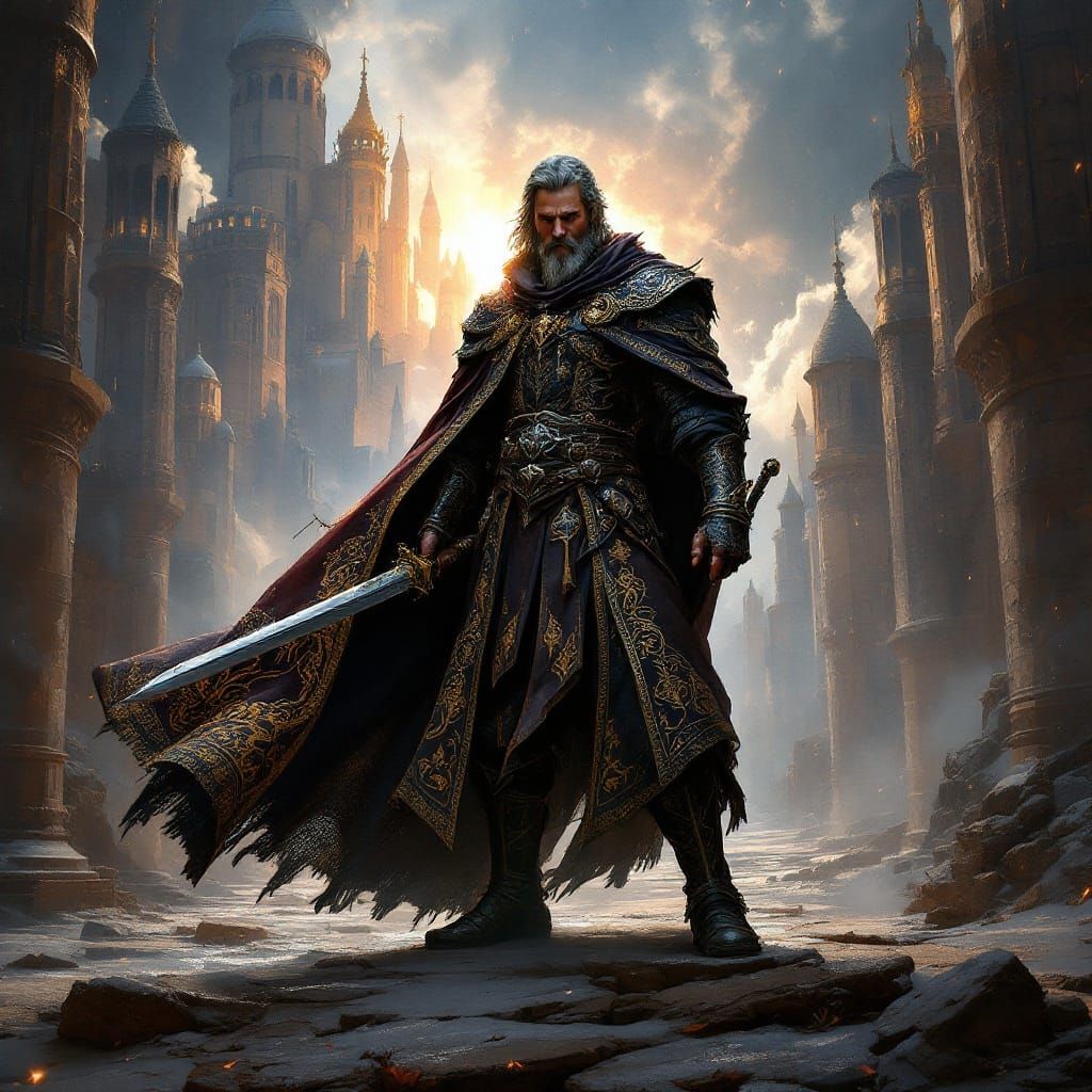 Heroic Leader with Sword in Medieval City, Detailed Painting