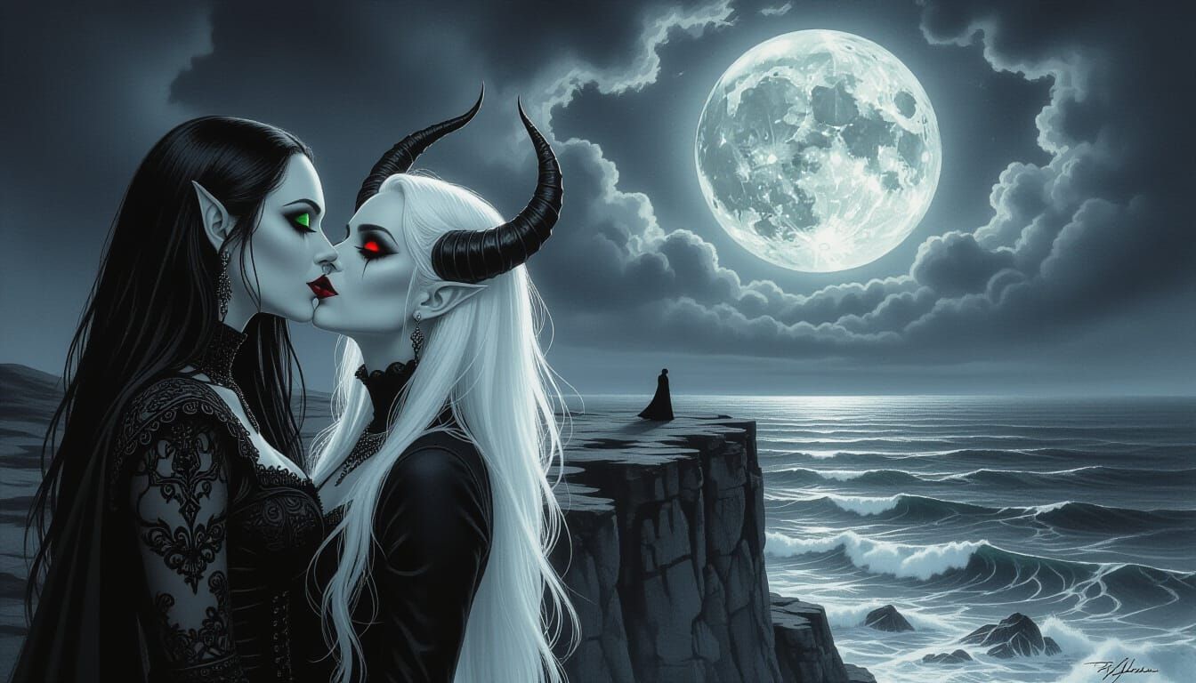 Gothic Vampire and Demon Kissing on Cliffside