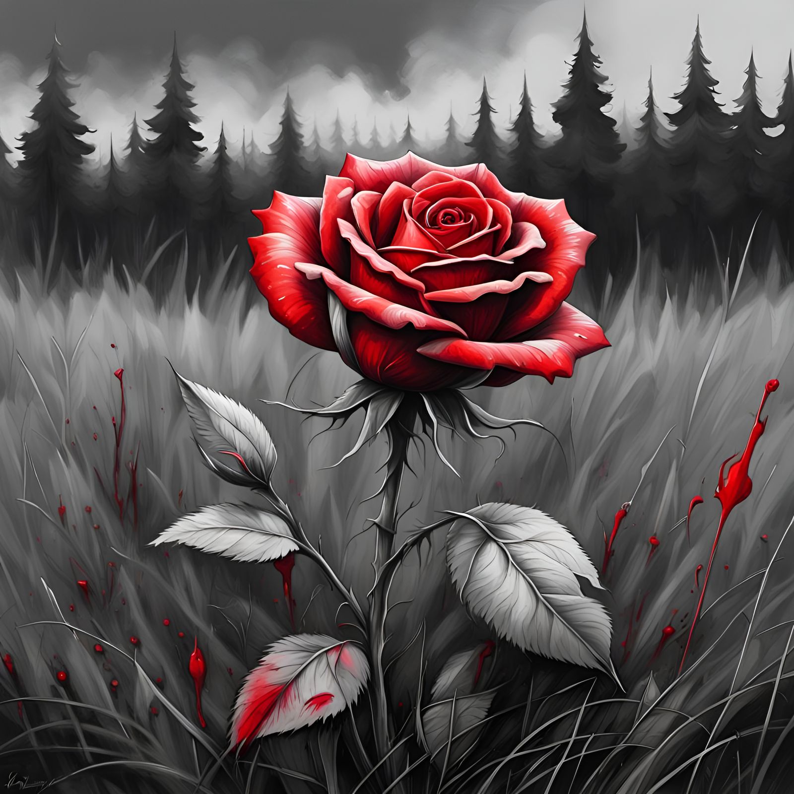 Brilliant Red Rose Blooms in Greyscale Field: Graffiti Art