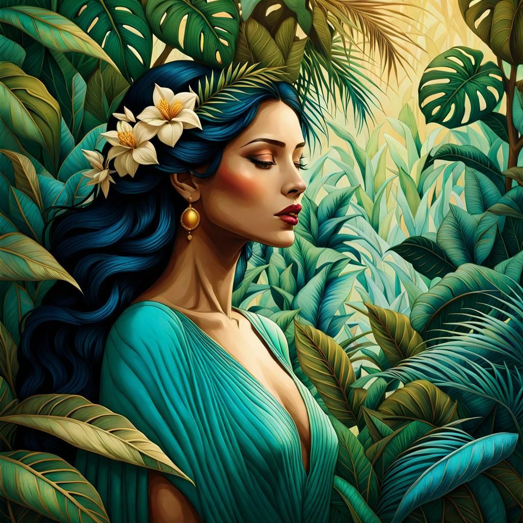 Woman in Lush Tropical Garden, Dreamy Lighting