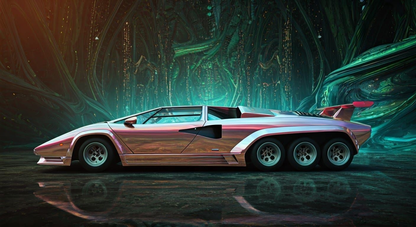 Psychedelic Lamborghini in Surreal Alien Cityscape
