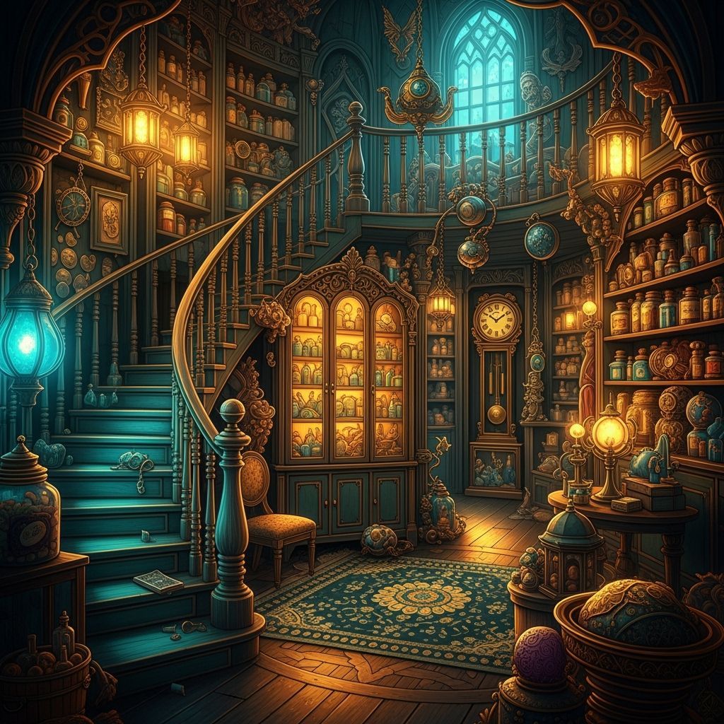 Magical Apothecary Interior with Teal Staircase and Bronze A...