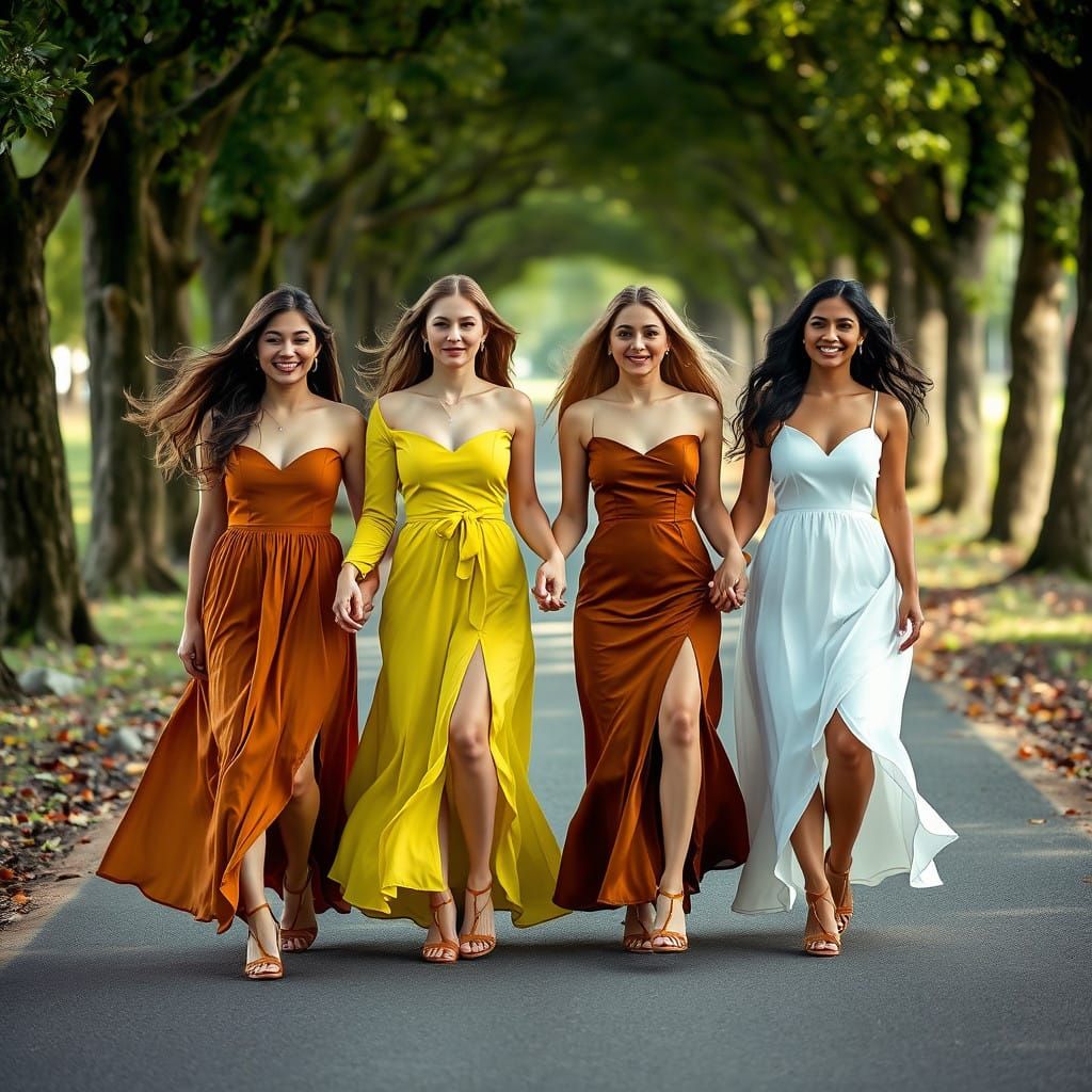 Four Women Stroll Hand in Hand on a Serene Path