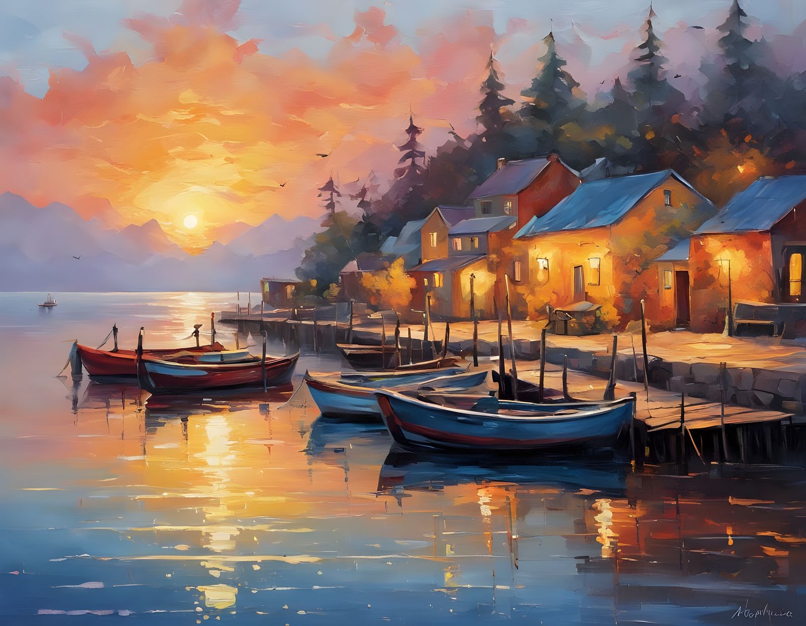 Sunset Ocean Scene with Fishing Boats and Village